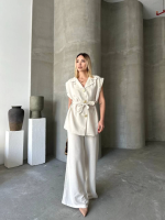 Keten Sıfır Kol Kuşaklı Ceket Pantolon Ikili Takım - Görsel 3