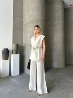 Keten Sıfır Kol Kuşaklı Ceket Pantolon Ikili Takım - Görsel 4