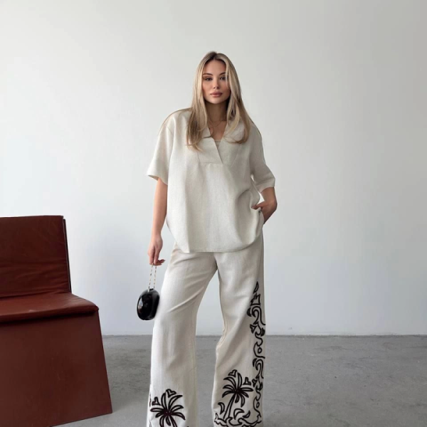 Keten Kısa Kolu  V Yaka Bluz Pantolon Ikili Takım- Beyaz