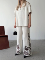 Keten Kısa Kolu  V Yaka Bluz Pantolon Ikili Takım- Beyaz - Görsel 2