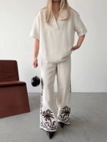 Keten Kısa Kolu  V Yaka Bluz Pantolon Ikili Takım- Beyaz - Görsel 3