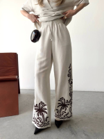 Keten Kısa Kolu  V Yaka Bluz Pantolon Ikili Takım- Beyaz - Görsel 4