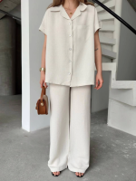 Keten Kısa Kollu Cepli Gömlek Pantolon Ikili Takım