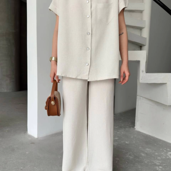 Keten Kısa Kollu Cepli Gömlek Pantolon Ikili Takım