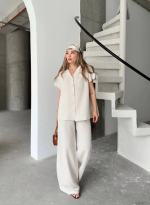 Keten Kısa Kollu Cepli Gömlek Pantolon Ikili Takım - Görsel 2