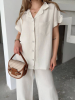 Keten Kısa Kollu Cepli Gömlek Pantolon Ikili Takım - Görsel 3