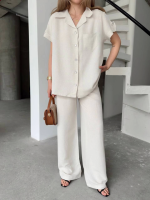 Keten Kısa Kollu Cepli Gömlek Pantolon Ikili Takım - Görsel 4