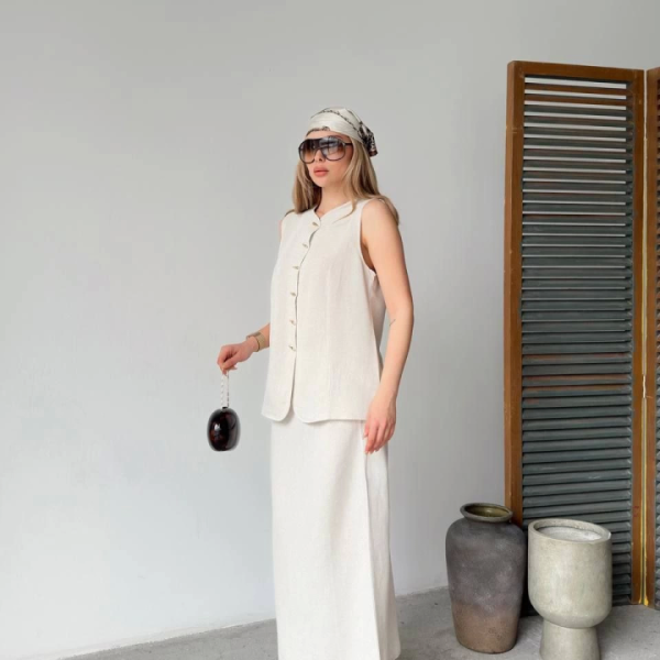 Keten Kolsuz Hırka Etek Ikili Takım- Beyaz