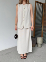 Keten Kolsuz Hırka Etek Ikili Takım- Beyaz - Görsel 3