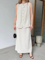 Keten Kolsuz Hırka Etek Ikili Takım- Beyaz - Görsel 4