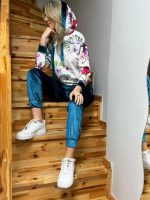 Kadın Kadife Kumaş Uzun Kollu Kapüşon Detay çiçek Baskılı Sweat Ve Pantolon Ikili Takım - Görsel 2