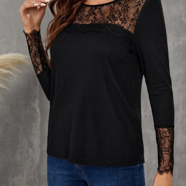 Kadın Uzun Kollu Bisiklet Yaka Dantel Detaylı Burgu Bluz