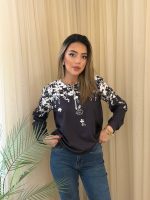 Kadın Uzun Kollu önden Fermuarlı çiçek Desenli şardonlu Dalgıç Bluz - Görsel 2