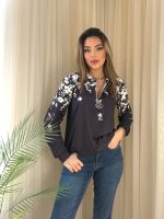 Kadın Uzun Kollu önden Fermuarlı çiçek Desenli şardonlu Dalgıç Bluz - Görsel 3