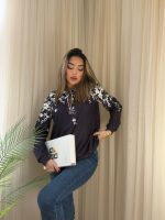 Kadın Uzun Kollu önden Fermuarlı çiçek Desenli şardonlu Dalgıç Bluz - Görsel 4