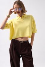 Polo Yaka Crop Dokulu Bluz - Görsel 4
