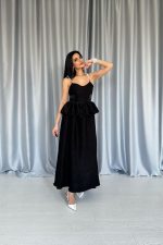 Siyah Beli Büzgülü İnci Askılı Uzun Elbise - Görsel 2