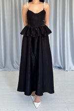 Siyah Beli Büzgülü İnci Askılı Uzun Elbise - Görsel 3