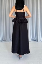 Siyah Beli Büzgülü İnci Askılı Uzun Elbise - Görsel 4