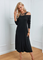 Kadın Uzun Kollu Yaka önü Güpürlü Madonna Yaka Viskon Midi Boy Elbise - Görsel 3