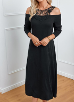 Kadın Uzun Kollu Yaka önü Güpürlü Madonna Yaka Viskon Midi Boy Elbise - Görsel 4