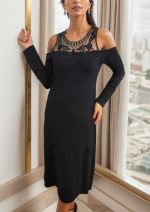 Kadın Uzun Kollu Yaka önü Güpürlü Madonna Yaka Viskon Midi Boy Elbise - Görsel 6