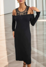 Kadın Uzun Kollu Yaka önü Güpürlü Madonna Yaka Viskon Midi Boy Elbise - Görsel 7