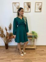 Kadın Uzun Kollu V Yakalı Belden Kuşaklı Kiloş Krep Elbise