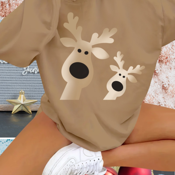 Kadın Uzun Kollu Bisiklet Yaka Geyik Desenli Viskon Iki Iplik Bluz