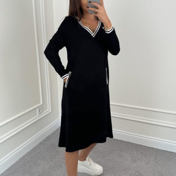 Kadın Uzun Kollu V Yakalı şerit Detaylı Cepli Midi Viskon Iki Iplik Elbise