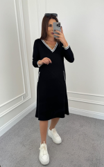 Kadın Uzun Kollu V Yakalı şerit Detaylı Cepli Midi Viskon Iki Iplik Elbise - Görsel 2