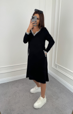 Kadın Uzun Kollu V Yakalı şerit Detaylı Cepli Midi Viskon Iki Iplik Elbise - Görsel 3