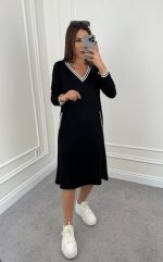 Kadın Uzun Kollu V Yakalı şerit Detaylı Cepli Midi Viskon Iki Iplik Elbise - Görsel 5