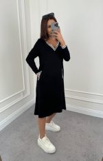 Kadın Uzun Kollu V Yakalı şerit Detaylı Cepli Midi Viskon Iki Iplik Elbise - Görsel 6