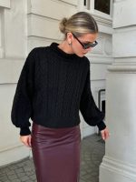 Uzun Kollu Yarı Balıkçı Yaka Triko Bluz - Görsel 2