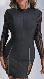 Kadın Kolları Ve Etek Ucu Dantel Detay Fermuar Dekolteli Skuba Kumaş Mini Elbise