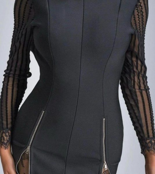 Kadın Kolları Ve Etek Ucu Dantel Detay Fermuar Dekolteli Skuba Kumaş Mini Elbise