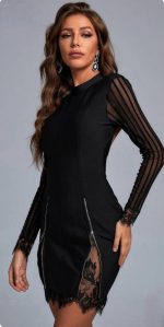 Kadın Kolları Ve Etek Ucu Dantel Detay Fermuar Dekolteli Skuba Kumaş Mini Elbise - Görsel 2