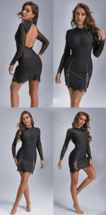 Kadın Kolları Ve Etek Ucu Dantel Detay Fermuar Dekolteli Skuba Kumaş Mini Elbise - Görsel 6