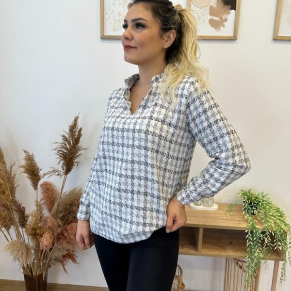 Kadın Uzun Kollu V Hakim Yaka çok Renkli Dokuma Bluz