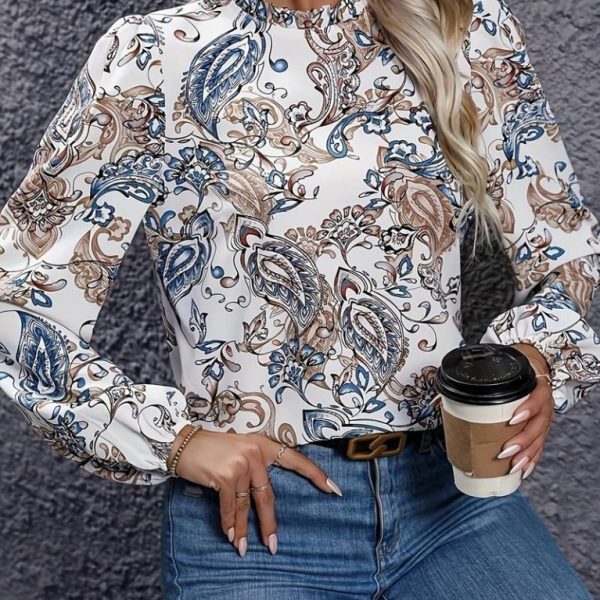 Kadın Uzun Kollu Yarı Balıkçı Yaka Desenli Süprem Bluz