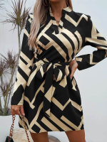 Kadın Uzun Kollu V Yakalı Desenli Belinde Kuşaklı Dalgıç Elbise - Görsel 2