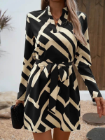 Kadın Uzun Kollu V Yakalı Desenli Belinde Kuşaklı Dalgıç Elbise - Görsel 3