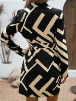 Kadın Uzun Kollu V Yakalı Desenli Belinde Kuşaklı Dalgıç Elbise - Görsel 4