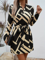 Kadın Uzun Kollu V Yakalı Desenli Belinde Kuşaklı Dalgıç Elbise - Görsel 5