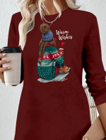 Kadın Uzun Kollu Bisiklet Yaka Desenli Viskon Iki Iplik Elbise - Görsel 2