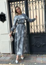 Kadın Uzun Kollu Bisiklet Yaka Geometrik Desen Baskılı Kuşak Dahil Maxi Boy Elbise - Görsel 2