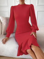 Kadın Uzun Kollu Yarı Balıkçı Yaka Etek Ucu Fırfır Detaylı Midi Ithal Krep Elbise - Görsel 3