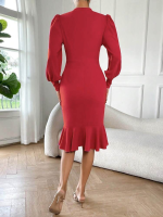 Kadın Uzun Kollu Yarı Balıkçı Yaka Etek Ucu Fırfır Detaylı Midi Ithal Krep Elbise - Görsel 4