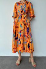 Oranj Çiçek Desenli Kemerli Elbise - Görsel 2